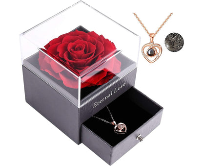 Preserved Rose with I Love You Necklace 100 Languages Jewelry Gift Box