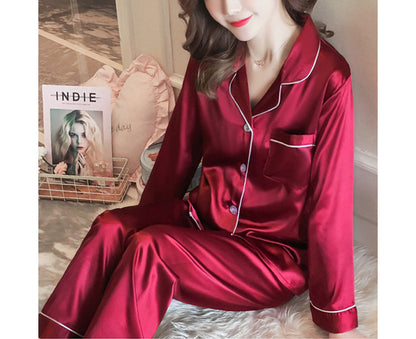 Women Satin Sleepwear Pyjamas Outfit Soft Silk Long Sleeve Nightwear Set - Red