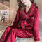 Women Satin Sleepwear Pyjamas Outfit Soft Silk Long Sleeve Nightwear Set - Red