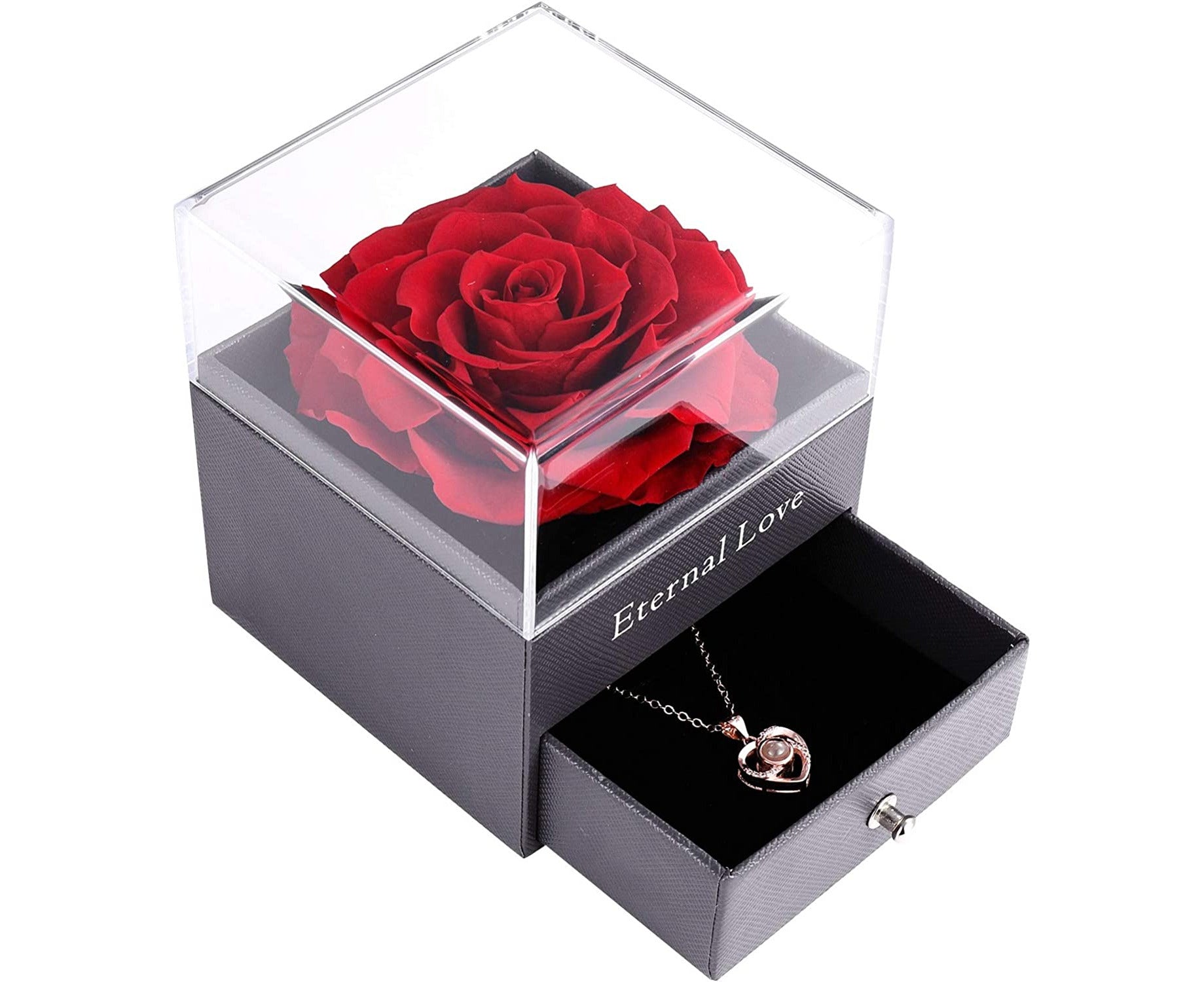 Preserved Rose with I Love You Necklace 100 Languages Jewelry Gift Box