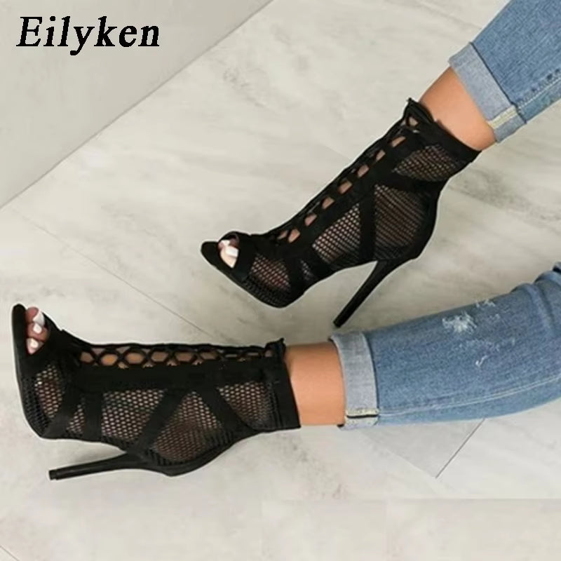 Fashion Show Black Net Fabric Cross Strap Sexy High Heel Boots Sandals Woman Shoes Pumps Lace-Up Peep Toe Footwear