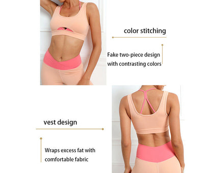 Womens Color Block Hip Lift Fitness Suit Sports Underwear and Yoga Trousers-Orange