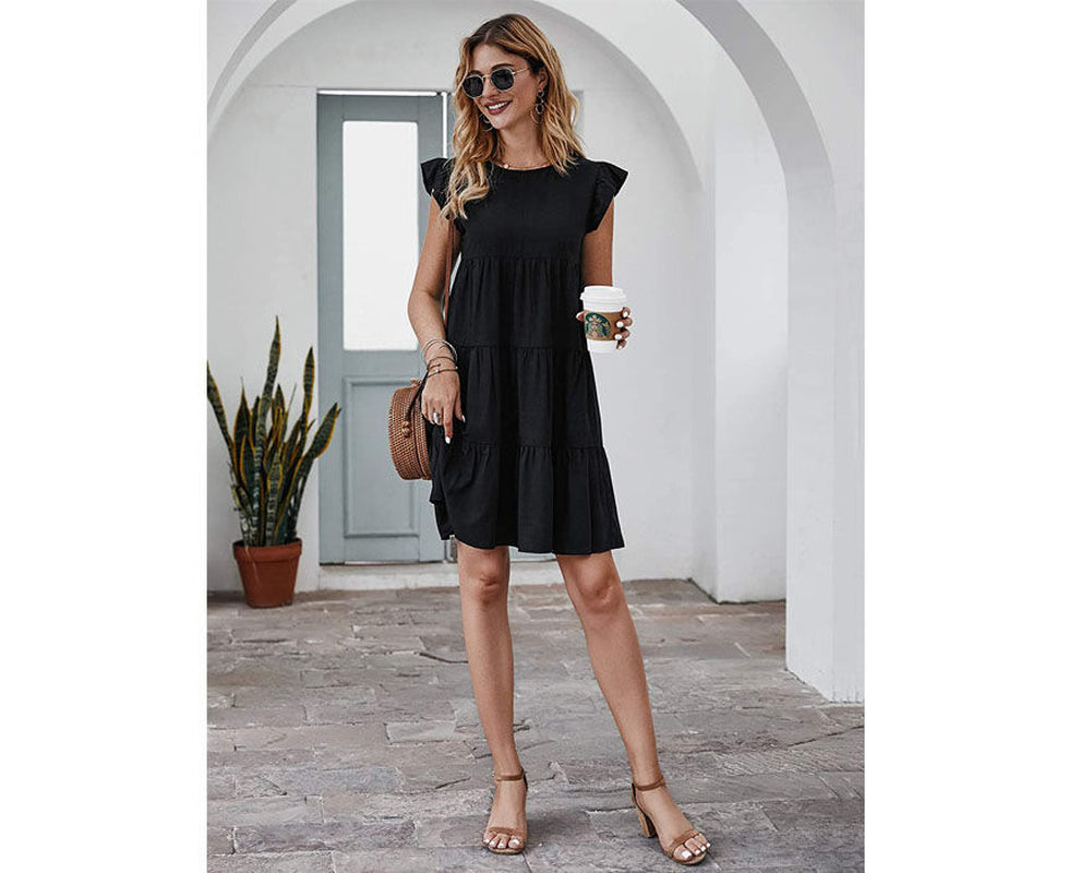 Women’S Dress Sleeveless Ruffle Sleeve round Neck Solid Color Loose Short Pleated Dress-Black