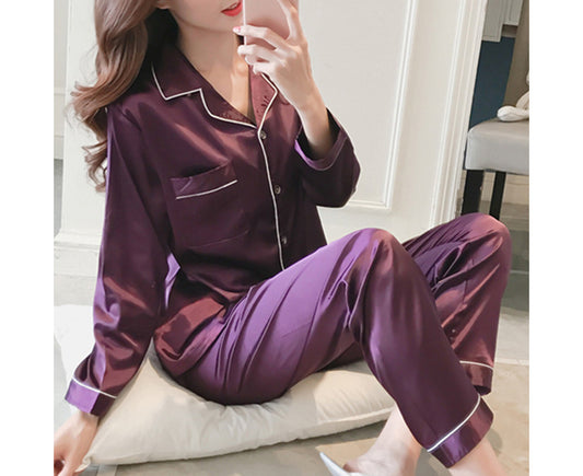 Women Satin Sleepwear Pyjamas Outfit Soft Silk Long Sleeve Nightwear Set - Purple