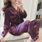 Women Satin Sleepwear Pyjamas Outfit Soft Silk Long Sleeve Nightwear Set - Purple