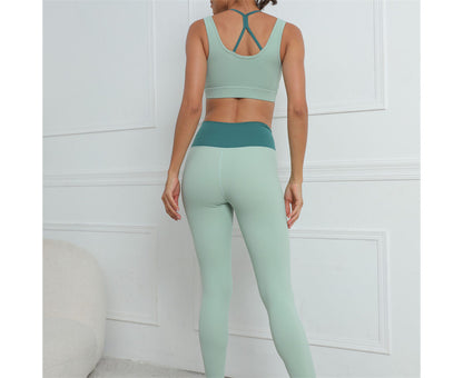 Womens Color Block Hip Lift Fitness Suit Sports Underwear and Yoga Trousers-Green