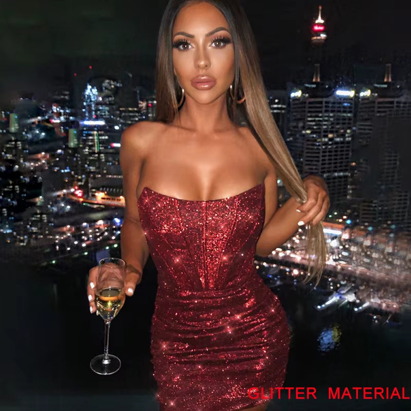 Night Club Party Woman Dress Sexy Bodycon Glitter Strapless Mini Short Prom Robe 2024 Summer Elegant Ruched Black Vestidos