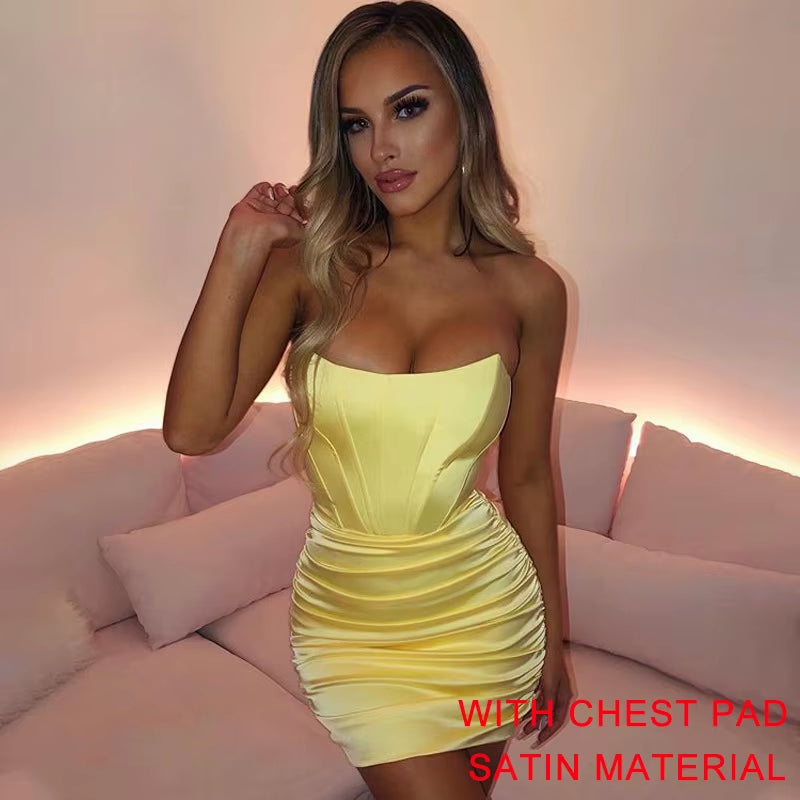 Night Club Party Woman Dress Sexy Bodycon Glitter Strapless Mini Short Prom Robe 2024 Summer Elegant Ruched Black Vestidos