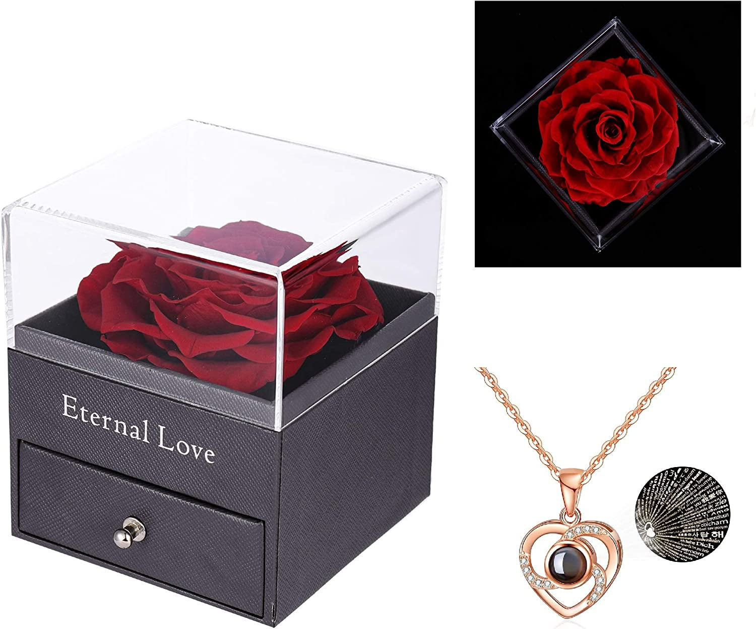 Preserved Rose with I Love You Necklace 100 Languages Jewelry Gift Box