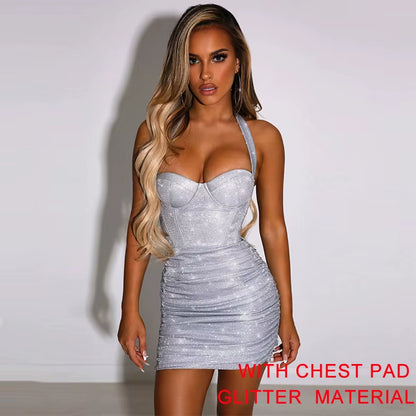 Night Club Party Woman Dress Sexy Bodycon Glitter Strapless Mini Short Prom Robe 2024 Summer Elegant Ruched Black Vestidos