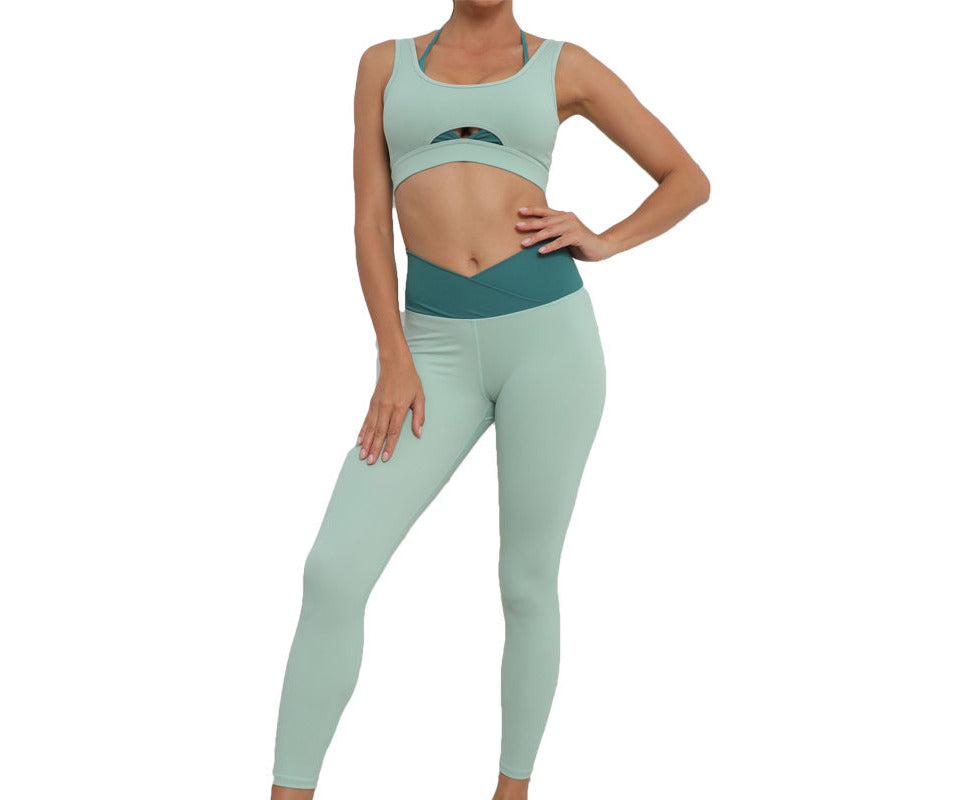 Womens Color Block Hip Lift Fitness Suit Sports Underwear and Yoga Trousers-Green