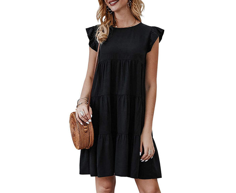 Women’S Dress Sleeveless Ruffle Sleeve round Neck Solid Color Loose Short Pleated Dress-Black