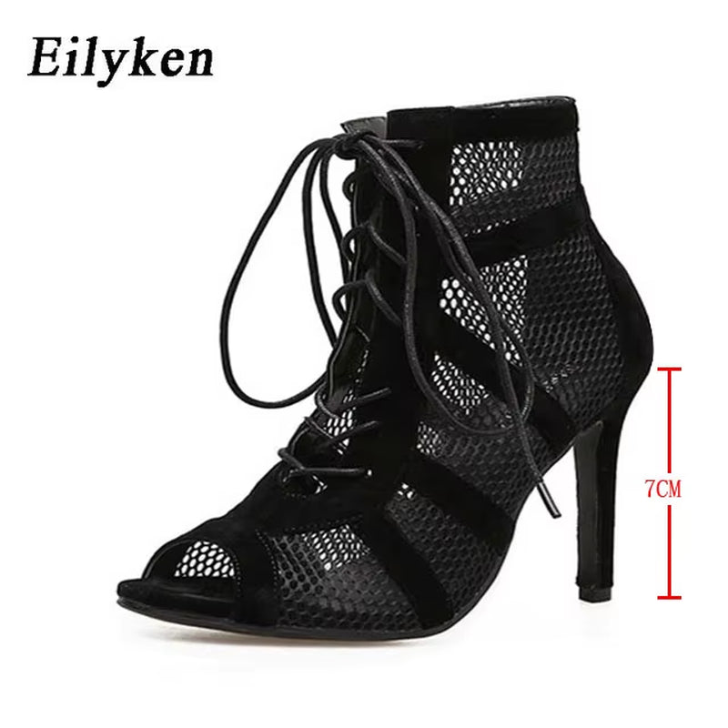 Fashion Show Black Net Fabric Cross Strap Sexy High Heel Boots Sandals Woman Shoes Pumps Lace-Up Peep Toe Footwear