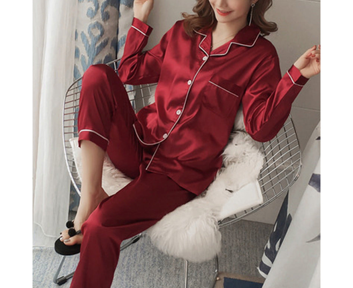 Women Satin Sleepwear Pyjamas Outfit Soft Silk Long Sleeve Nightwear Set - Red