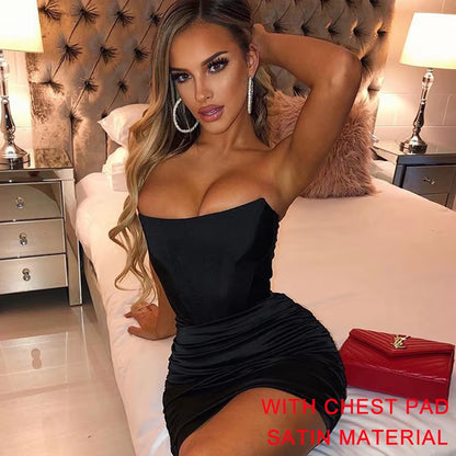 Night Club Party Woman Dress Sexy Bodycon Glitter Strapless Mini Short Prom Robe 2024 Summer Elegant Ruched Black Vestidos