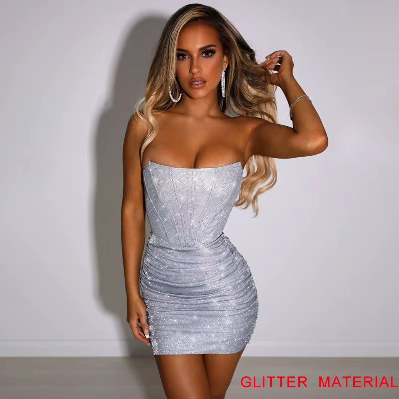 Night Club Party Woman Dress Sexy Bodycon Glitter Strapless Mini Short Prom Robe 2024 Summer Elegant Ruched Black Vestidos