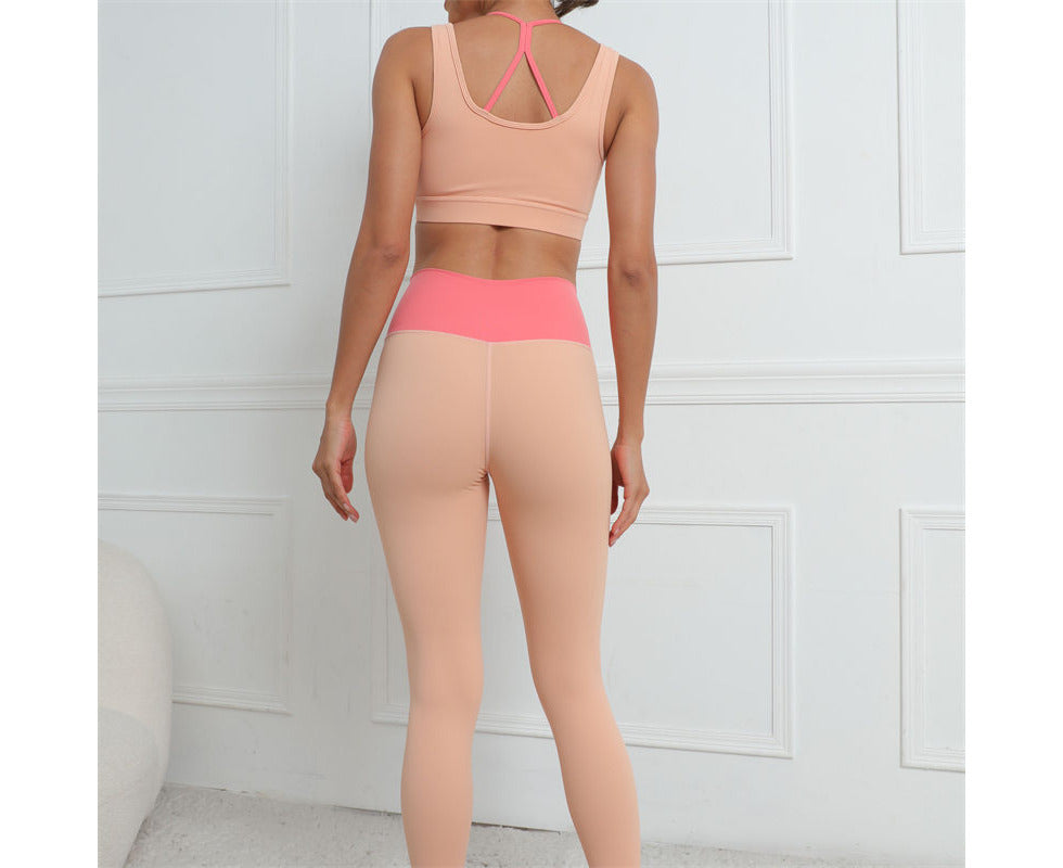 Womens Color Block Hip Lift Fitness Suit Sports Underwear and Yoga Trousers-Orange